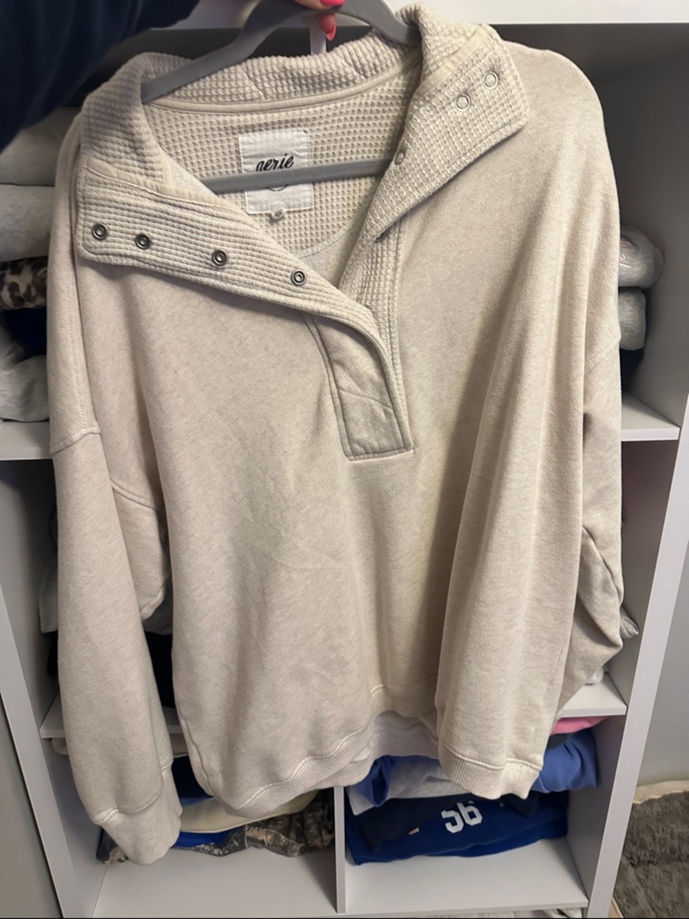 aerie Cream Waffle Snap-Detail Pullover